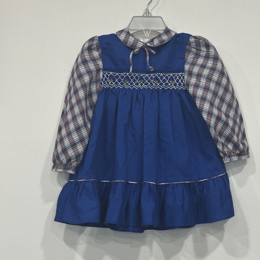 Vintage POLLY FLINDERS Hand Smocked Girls Dress Size 3T Blue Plaid Embroidered
